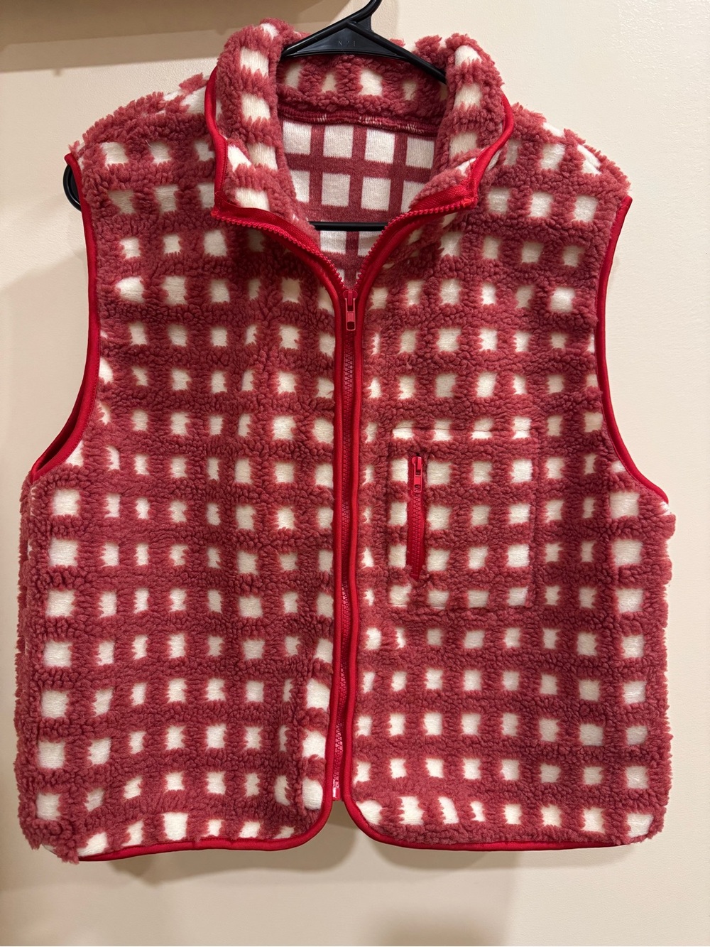 SHEIN Red and White Check Sherpa Fleece Vest